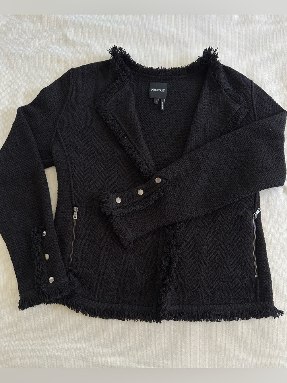 NIC+ZOE Fringe Mix Jacket Black Open Front Textured Knit Cardigan Blazer Small